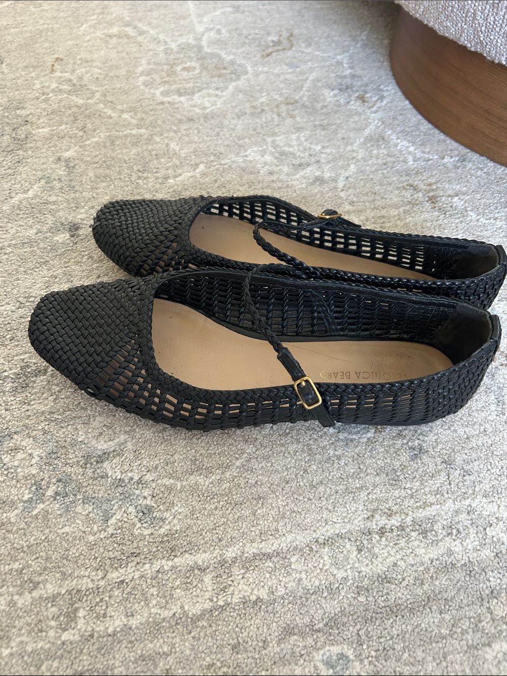 Veronica Beard Black Woven raffia Mary Jane Flats with Gold Buckle